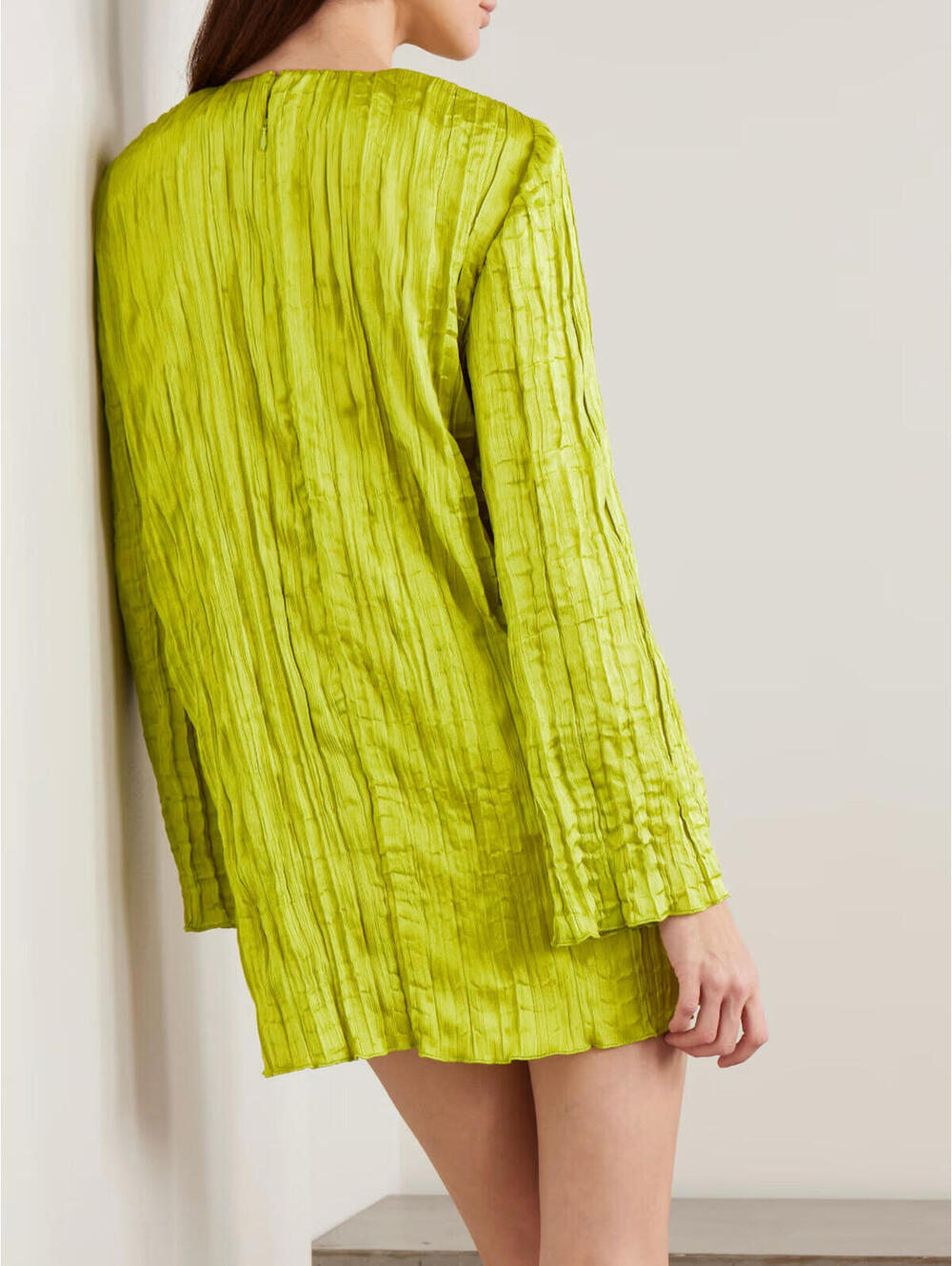 NWT Staud Kona Crinkle Satin Pleated Long Sleeve Mini Dress Tunic Shirt Small - Picture 2 of 9